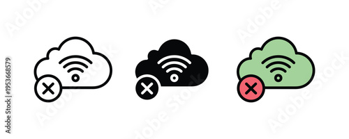 Cloud network disconnected icon set. No internet connection, server error, and offline computing symbols. Vector Illustration.