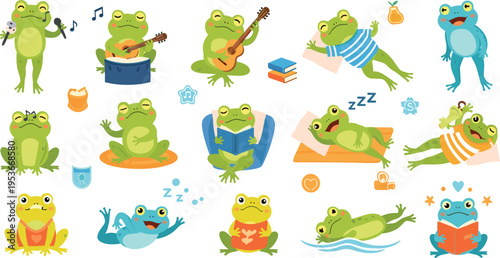 Cute frog characters set with funny activities, reading, singing and relaxing, cartoon amphibian mascots collection vector illustration bundle