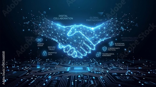 Futuristic digital handshake above circuit board, AI partnership, human-machine collaboration vector ai new