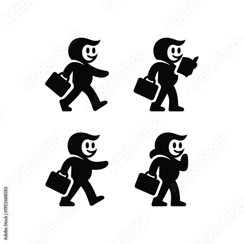 Four stylized icons of people walking with briefcases and additional items world book day, world book day 2026, book day ,book day vector, book day set icons, book day vector icons