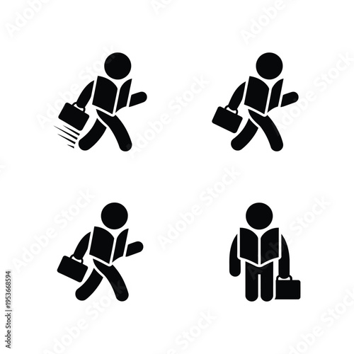 Four stylized icons of professionals in motion or reading with briefcases world book day, world book day 2026, book day ,book day vector, book day set icons, book day vector icons