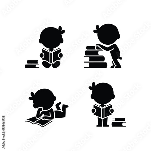 Children engaged in various reading and learning activities world book day, world book day 2026, book day ,book day vector, book day set icons, book day vector icons