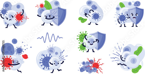 Cute immune system characters vector set with viruses, bacteria, antibodies and protection shield health cartoon illustration collection