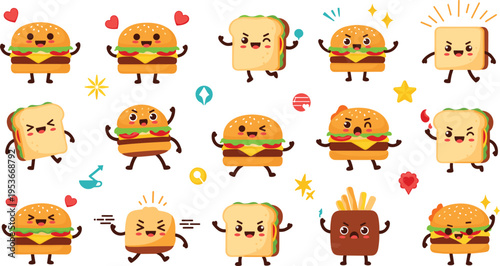 Cute kawaii burger and sandwich characters vector set with funny fast food mascots, fries and toast cartoon illustration collection