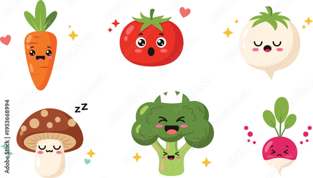 Obraz premium Cute kawaii vegetable characters vector set with carrot, tomato, broccoli, mushroom and radish smiling cartoon food illustration