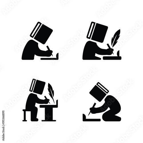 Four creative illustrations of book-headed students engaged in writing activities world book day, world book day 2026, book day ,book day vector, book day set icons, book day vector icons