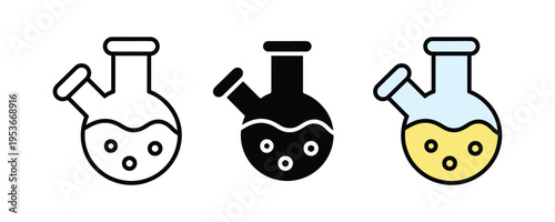 Chemistry laboratory glass flask icon set. Scientific research, medical experiment, and biotechnology liquid beaker symbols. Vector Illustration.