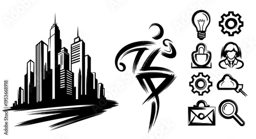 Urban cityscape, dynamic human silhouette, and business idea vector icons set. Modern black and white graphics collection.
