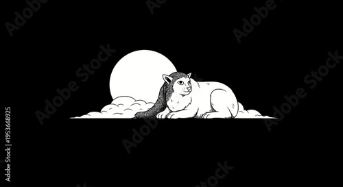 Minimalist black and white illustration of a stylized feline animal resting peacefully under a full moon with clouds at night.