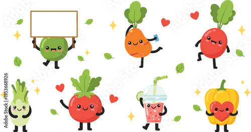 Cute kawaii vegetable characters vector set with carrot, tomato, pepper, broccoli and smoothie cartoon food illustration collection