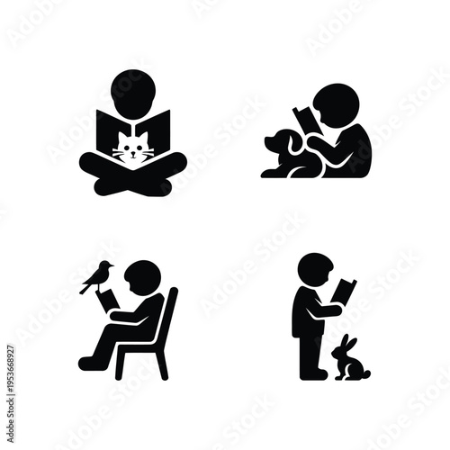 Children enjoying reading with various animal companions world book day, world book day 2026, book day ,book day vector, book day set icons, book day vector icons