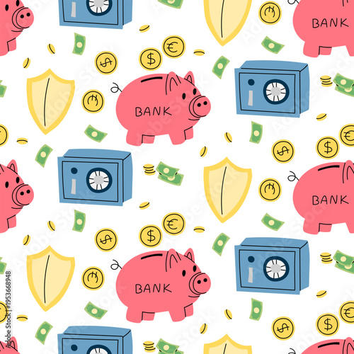 Flat seamless pattern with pink piggy bank, metal safe box and money. Banking security and financial savings background for business website, wrapping paper or textile. seamless texture on white.