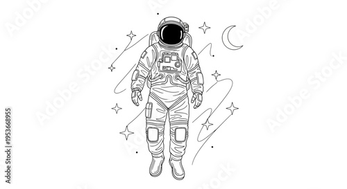 Detailed line art illustration of an astronaut in a spacesuit floating in the cosmos, surrounded by stars and a crescent moon.