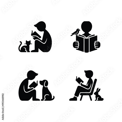 People reading with their pets in various cozy scenarios world book day, world book day 2026, book day ,book day vector, book day set icons, book day vector icons