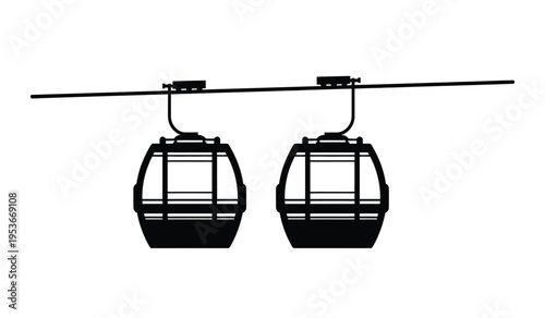 Silhouette of two cable car cabins suspended from a cable urban transportation silhouette