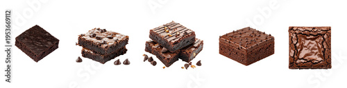 Fotografie A delicious assortment of five rich chocolate brownies with various toppings and textures