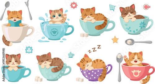 Cute kittens in teacups set with playful and sleeping cats, cozy cup scenes, adorable pet cartoon vector illustration collection