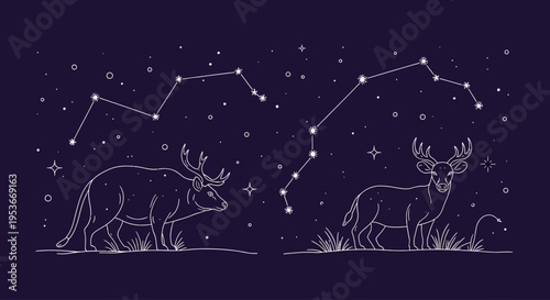 Enchanting celestial deer with antlers and glowing star constellations against a dark cosmic sky, magical wildlife line art illustration