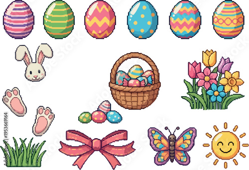 Collection of Easter holiday pixel art icons including eggs, bunny, basket, flowers, butterfly, sun, footprints, bow, and grass elements for festive design