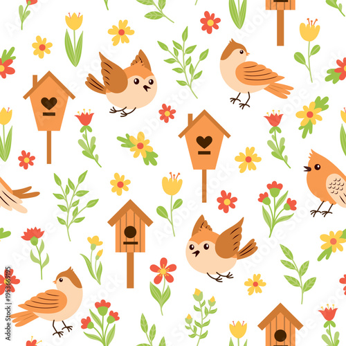Seamless pattern with birds, flowers and birdhouses
