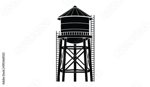 Silhouette of a water tower with ladder and latticework supports