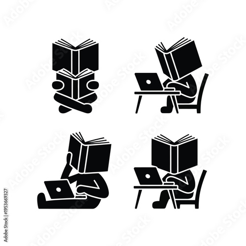 Four stylized icons depicting modern learning and reading habits world book day, world book day 2026, book day ,book day vector, book day set icons, book day vector icons