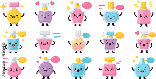 Cute perfume bottle characters set with funny emotions, kawaii fragrance mascots collection, cosmetic beauty theme vector illustration bundle