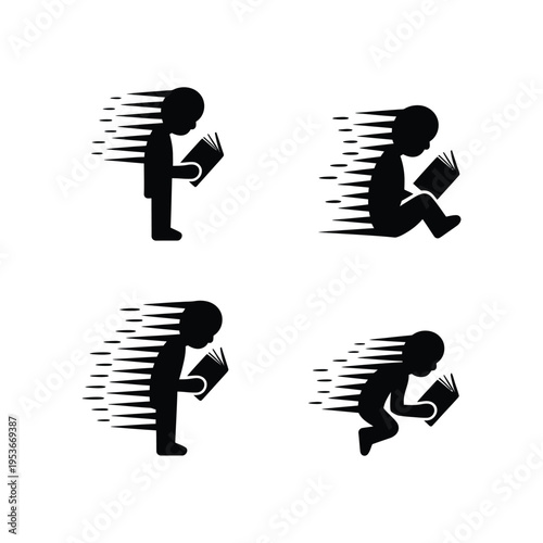 Four dynamic figures reading books while moving at high speed world book day, world book day 2026, book day ,book day vector, book day set icons, book day vector icons