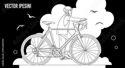 Line art illustration of a man riding a road bicycle with helmet, depicting active lifestyle, outdoor sport, and healthy exercise.