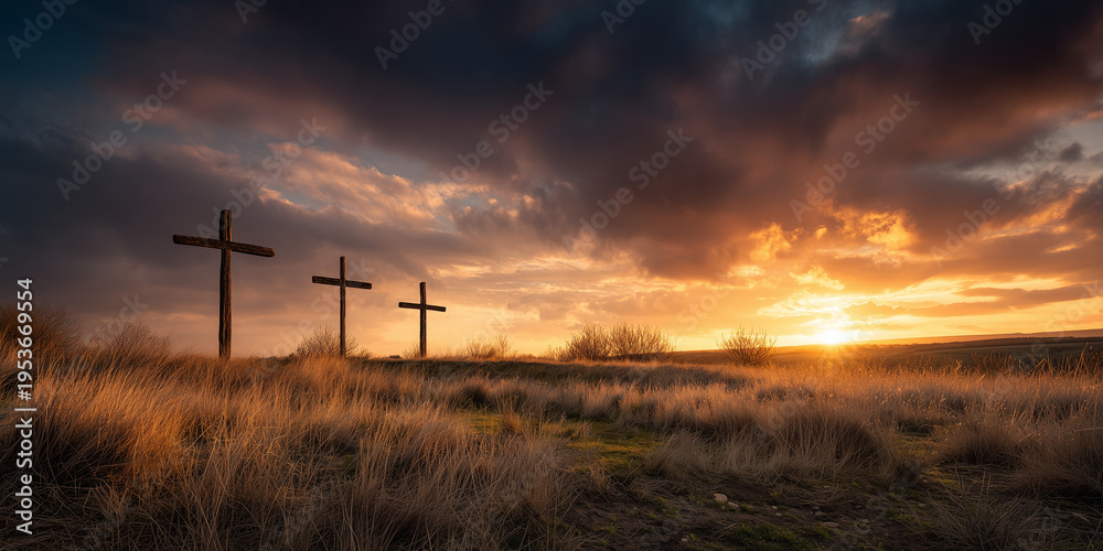Obraz premium Three wooden crosses at sunset during Semana Santa in rural field with dramatic sky and golden light
