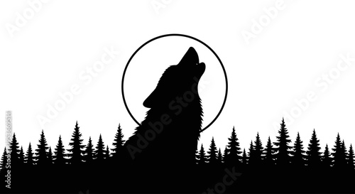 Wolf Howling at the Full Moon Silhouette in a Forest at Night. Minimalist Black and White Vector Illustration of Wildlife.