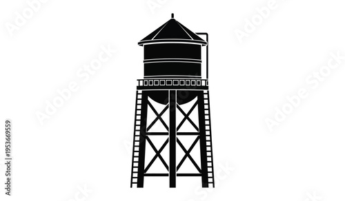Silhouette of a classic american water tower with a conical roof and latticework support structure