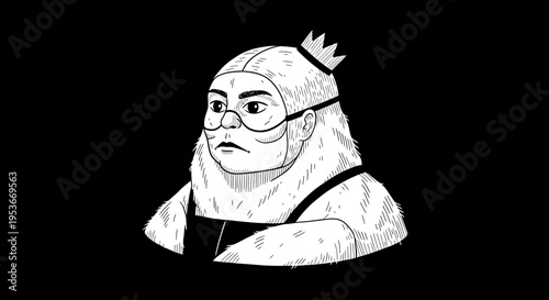 Detailed monochromatic illustration of a unique fantasy character with glasses, small crown, and heavy textured hood. Black and white drawing portrait.