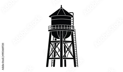 Silhouette of a classic american water tower with a distinctive conical roof and latticework support structure silhouette