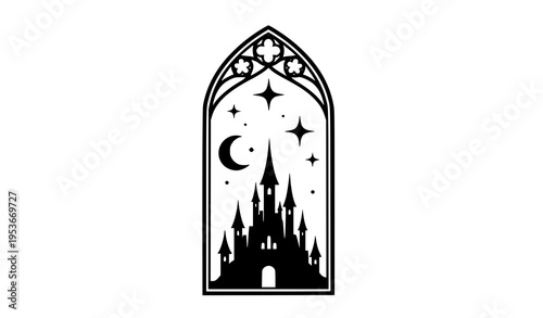 Minimal gothic arch castle silhouette with moon stars fantasy night scene clean vector design