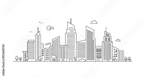 Modern city skyline illustration with outline buildings and urban architecture in a minimalist line art style on a white background