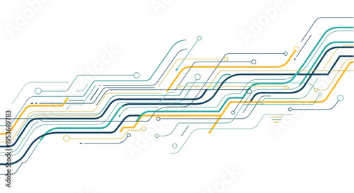 Abstract digital technology background with flowing circuit lines and connected data nodes, representing network, communication, and information processing.