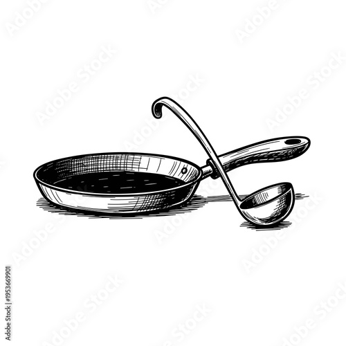 Hand drawn sketch of a frying pan and ladle for cooking