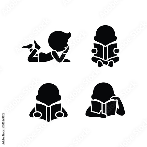 Four illustrations of children engaging with books in different ways world book day, world book day 2026, book day ,book day vector, book day set icons, book day vector icons
