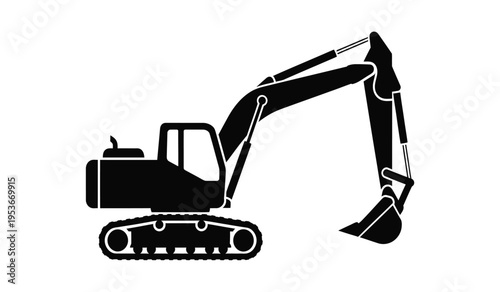 Silhouette of a black excavator on a white background