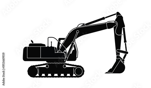 Silhouette of a black excavator machine on a white background