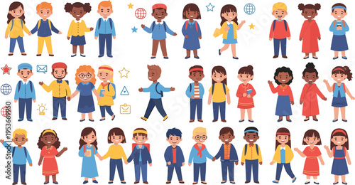 Diverse children characters vector set with boys and girls of different ethnicities, school outfits and inclusive diversity illustration collection