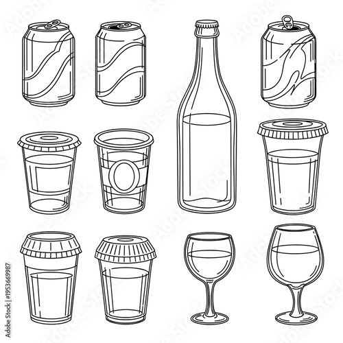 Set of beverage containers including cans bottles and take away cups