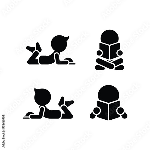 Children engaging in reading activities in different relaxed postures. world book day, world book day 2026, book day ,book day vector, book day set icons, book day vector icons