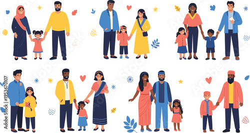 Diverse families vector set with parents and children of different cultures, happy family lifestyle scenes and inclusive cartoon illustration collection