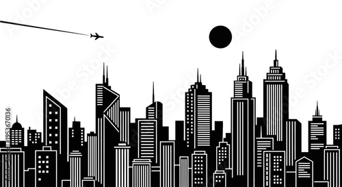 Dynamic monochrome cityscape illustration featuring modern skyscrapers, a flying airplane, and a stylized sun or moon.