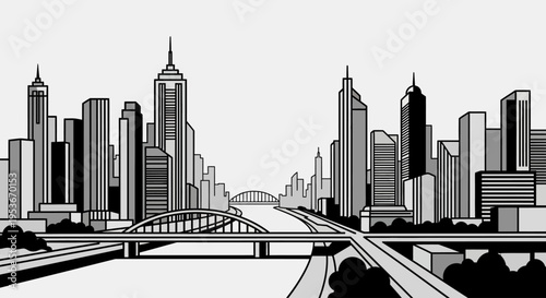 Vector Illustration of Modern City Skyline with Skyscrapers, River, and Bridges. Urban Landscape in Grayscale