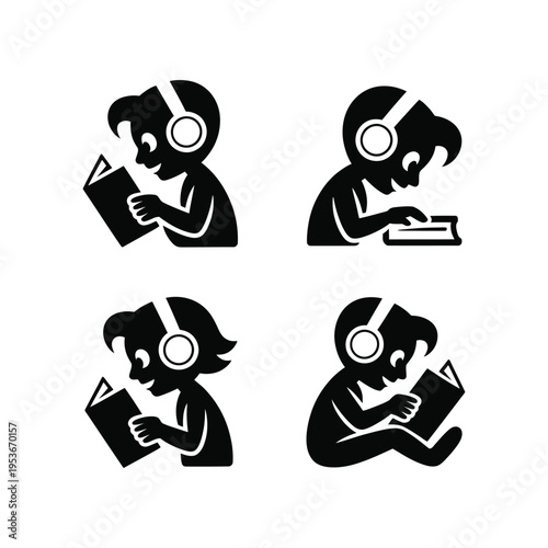 Four illustrations of people listening and reading with headphones world book day, world book day 2026, book day ,book day vector, book day set icons, book day vector icons