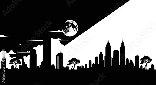 Black and White City Skyline Silhouette Split – Night with Full Moon vs. Day. Urban Contrast Illustration.