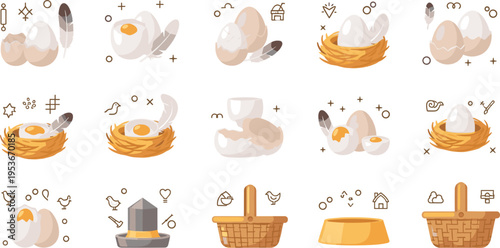 Eggs collection with nest basket broken shell and farm elements, organic food concept with fresh chicken eggs and rustic agriculture vector illustration set